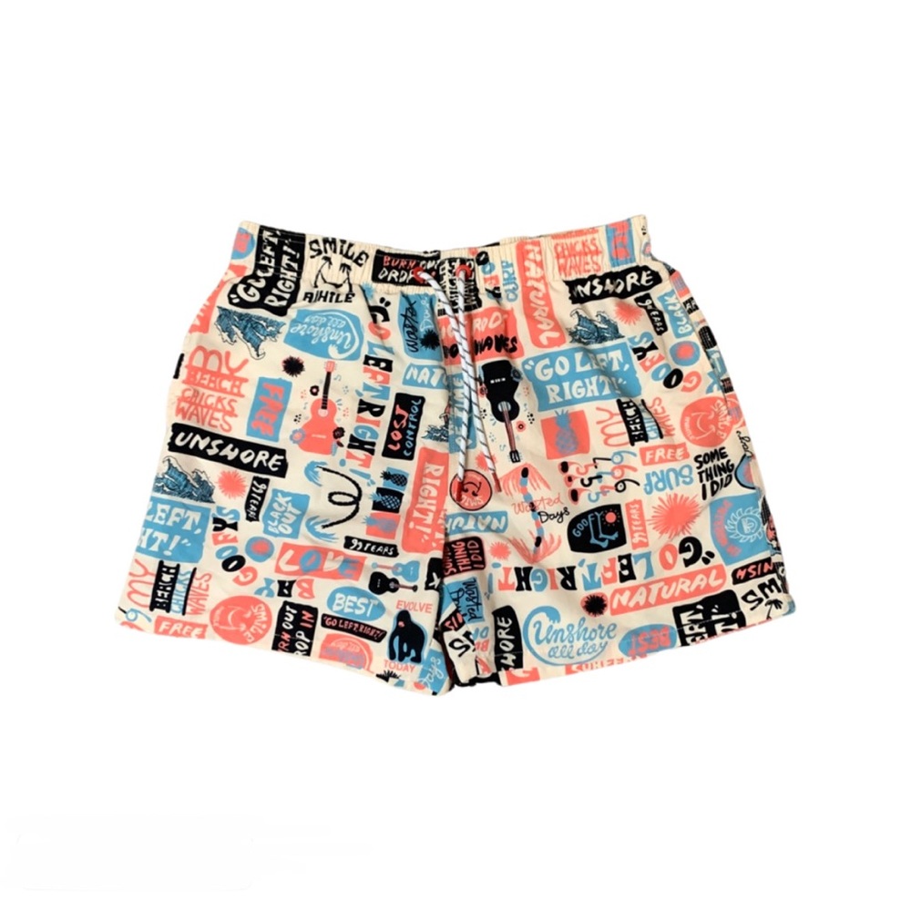 Multi print swim trunks, size M
